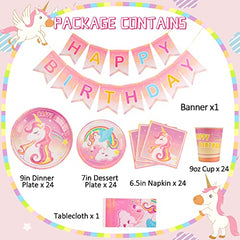 JOYYPOP Unicorn Birthday Decorations for Girls, 98 PCS Unicorn Party Supplies Serve 24, Including Plates, Cups, Napkins, Tablecloth and Banner with Decoration