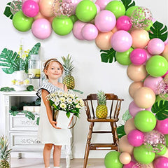 109 Pcs Tropical Balloon Arch Garland Kit with Pink Green Balloons Rose Gold Confetti Balloons and Tropical Leaves for Hawaii Luau Theme Birthday Baby Shower Party