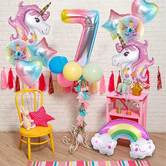 JOYYPOP Unicorn Birthday Decorations for Girls, 10pcs Unicorn Balloons Set with Rainbow, Heart, Star and Number 7 Foil Balloons for 7th Birthday Party Decorations