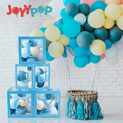 JOYYPOP Baby Boxes with 42pcs Letters(A-Z+Baby) for Baby Shower, Transparent Balloon Boxes Blocks for Gender Reveal, Bridal Shower, Birthday Party Decorations (Blue)