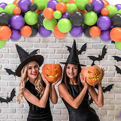 JOYYPOP Halloween Balloon Garland Arch Kit 154 Pack, 5 12 18 Inch Black Green Orange and Purple Balloons with Bat Stickers for Halloween Theme Decorations