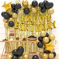JOYYPOP Birthday Party Decorations Happy Birthday Balloons Banner with Black and Gold Balloons Set, Gold Foil Fringe Curtain for Men Women Boy Adults Birthday Party (Black and Gold）