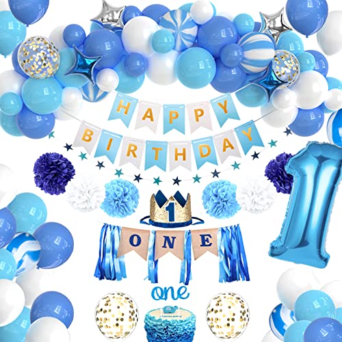 JOYYPOP 1st Birthday Decorations for Boys - Baby 1st Birthday Party Supplies 67PCS with 1st Birthday Baby Crown, ONE Cake Topper, 1st Birthday Highchair Banner Decorations(Blue)