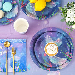 JOYYPOP Mermaid Birthday Party Supplies Serve 24, Including Paper Plates Cups Napkins Tablecloth Banner for Girls Birthday Party Decorations