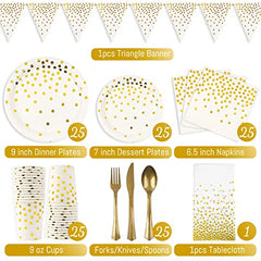 JOYYPOP White Gold Party Supplies Serves 25 Golden Dot Disposable Dinnerware 177 PCS Gold Party Supplies Including Paper Plates Napkins Cups Tablecloth Banner for Bridal Shower, Engagement, Wedding