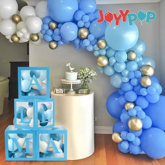 JOYYPOP Baby Boxes with 42pcs Letters(A-Z+Baby) for Baby Shower, Transparent Balloon Boxes Blocks for Gender Reveal, Bridal Shower, Birthday Party Decorations (Blue)