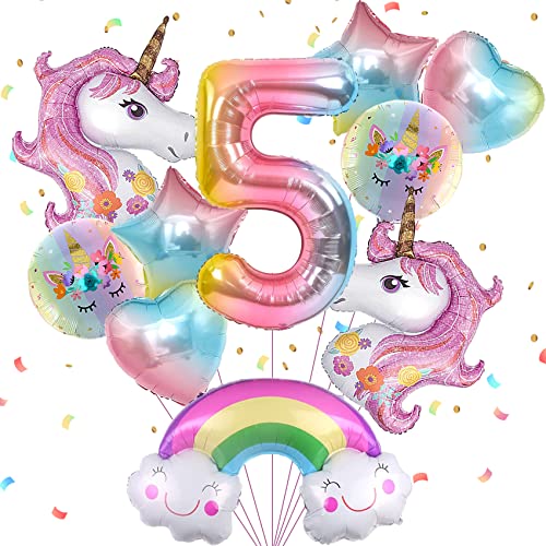 Unicorn Birthday Decorations for Girls, 10pcs Unicorn Balloons Set with Rainbow, Heart, Star and Number 5 Foil Balloons for 5th Birthday Party Decorations