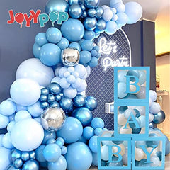 JOYYPOP Baby Boxes with Letters for Baby Shower, 4 Transparent Balloon Boxes with 16 Letters for Boys & Girls Birthday, Gender Reveal Decorations and Wedding Party(Blue)