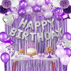 JOYYPOP Purple Birthday Decorations for Women or Girl,Purple Birthday Party Decorations with Happy Birthday Balloons,Happy Birthday Cake Topper, Paper Pompoms for Baby Shower Birthday Party