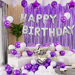 JOYYPOP Birthday Party Decorations Happy Birthday Balloons Banner with Purple and Silver Balloons Set, Purple Foil Fringe Curtain for Women Girl Birthday Party (Purple）