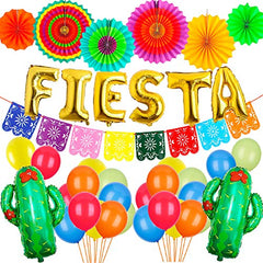 Fiesta Party Decorations 60pcs Mexican Party Supplies with Foil Cactus Balloons Gold Fiesta Balloon Mexicano Picado Banner Multicolor Paper Fan for Cinco De Mayo Decorations Mexican Theme Party