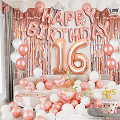 JOYYPOP Sweet 16 Birthday Decorations Rose Gold 16th Birthday Decorations for Girls Sweet 16 Party Supplies with 16 Balloon Numbers for Sweet 16 Birthday Party