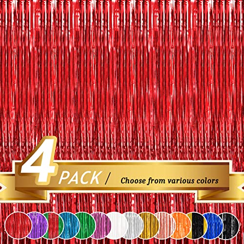 JOYYPOP Red Foil Fringe Curtain, Metallic Photo Booth Backdrop Tinsel Door Curtains for Wedding Birthday Bridal Shower Baby Shower Bachelorette Christmas Party Decorations(4 Pack, 8ft x 3ft)
