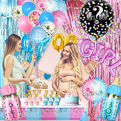 JOYYPOP Gender Reveal Decorations 105pcs Gender Reveal Party Supplies with Gender Reveal Balloon,Tablecloth,Boy OR Girl Foil Balloon,Blue or Pink Printed Balloons,Photo Props for Gender Reveal Party