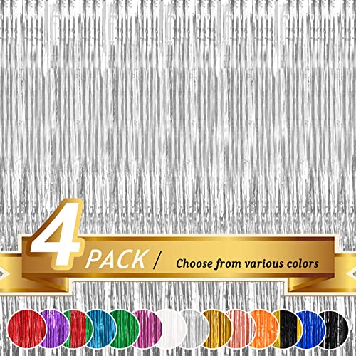 JOYYPOP Silver Foil Fringe Curtain, Metallic Photo Booth Backdrop Tinsel Door Curtains for Wedding Birthday Bridal Shower Baby Shower Bachelorette Christmas Party Decorations(4 Pack, 8ft x 3ft)