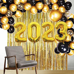 2023 Balloons Gold, New Years Eve Party Supplies 2023 with Black and Gold Balloons Garland , Foil Fringe Curtain for New Year Eve's party and Graduation Party