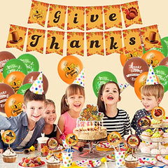 Thanksgiving Party Decorations, 46pcs Thanksgiving Decorations with Give Thanks Banner, Turkey Cake Topper, Thanksgiving Balloons for Thanksgiving Day, Birthday, Fall Party Decorations
