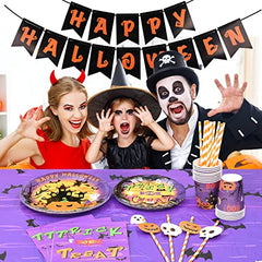 JOYYPOP Halloween Party Supplies Set, Disposable Tableware Set Including Plates, Cups , Napkins , Straw and Tablecloth, Halloween Decorations Like Balloons, Banner and Straw Decoration