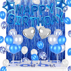 JOYYPOP Blue Birthday Party Decorations Set with 2pcs Blue Foil Fringe Curtain, Blue Happy Birthday Balloons Banner and Star Foil Balloons for Birthday Party Supplies