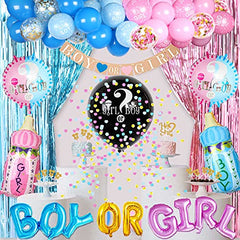 JOYYPOP Gender Reveal Decorations 105pcs Gender Reveal Party Supplies with Gender Reveal Balloon,Tablecloth,Boy OR Girl Foil Balloon,Blue or Pink Printed Balloons,Photo Props for Gender Reveal Party