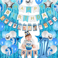 JOYYPOP 1st Birthday Boy Decorations 66PCS Blue 1st Birthday Decorations for Boy with 12 Months Photo Banner, 1st Birthday Baby Crown, Cake Topper, 1st Birthday Highchair Banner