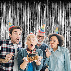 JOYYPOP New Years Eve Decorations Backdrop Black Foil Fringe Curtain, Metallic Photo Booth Backdrop Tinsel Door Curtains for Graduation Birthday Bridal Shower Party Decorations(4 Pack, 8ft x 3ft)