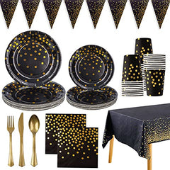 JOYYPOP Black and Gold Party Supplies Serves 25 Disposable Dinnerware Set 177 PCS Black Gold Party Decorations Including Dinnerware Tablecloth Banner for Graduation Party, Birthday, Anniversary