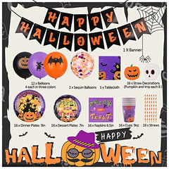 JOYYPOP Halloween Party Supplies Set, Disposable Tableware Set Including Plates, Cups , Napkins , Straw and Tablecloth, Halloween Decorations Like Balloons, Banner and Straw Decoration