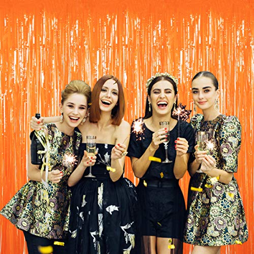 JOYYPOP Orange Foil Fringe Curtain, Metallic Photo Booth Backdrop Tinsel Door Curtains for Wedding Birthday Bridal Shower Baby Shower Bachelorette Christmas Party Decorations(4 Pack, 8ft x 3ft)