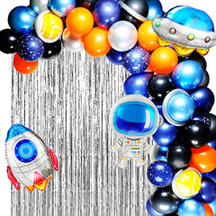 JOYYPOP Outer Space Balloon Garland Kit, 89pcs Outer Space Party Decorations with UFO Rocket Astronaut Balloons Silver Foil Curtain for Space Themed Birthday Party Supplies