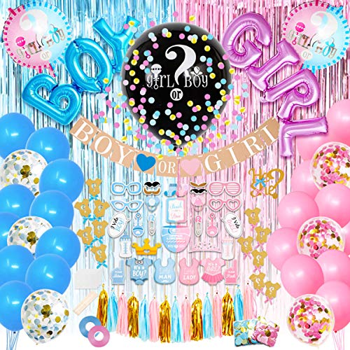 JOYYPOP Gender Reveal Party Supplies 105 Pieces Baby Gender Reveal Decorations kit with 36'' Gender Reveal Balloon, Pink and Blue Balloons, Boy or Girl Gender Reveal Banner, He or She Cake Toppers