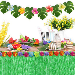 Hawaiian Tropical Party Decorations with 9ft Hawaiian Luau Grass Table Skirt Palm Leaves and Hibiscus Flowers (Green)