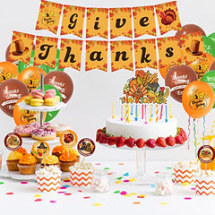 Thanksgiving Party Decorations, 46pcs Thanksgiving Decorations with Give Thanks Banner, Turkey Cake Topper, Thanksgiving Balloons for Thanksgiving Day, Birthday, Fall Party Decorations