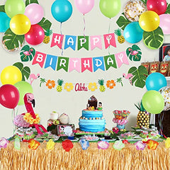 Hawaiian Birthday Decorations Luau Birthday Party Decorations with Gold Grass Table Skirt, Happy Birthday Felt Banner, Tropical Palm Leaves for Hawaiian Luau Birthday Party
