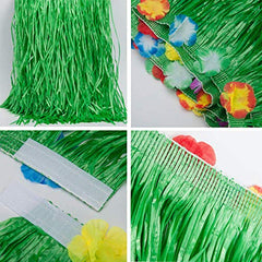 Hawaiian Tropical Party Decorations with 9ft Hawaiian Luau Grass Table Skirt Palm Leaves and Hibiscus Flowers (Green)