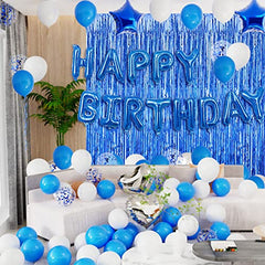 JOYYPOP Birthday Party Decorations Happy Birthday Balloons Banner with Blue and White Balloons Set, Blue Foil Fringe Curtain for Men Boy Kids Adults Birthday Party (Blue）