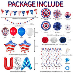 Patriotic Decorations 4th of July Decorations with USA Foil Balloons, Red Blue White Balloons, Paper Fans, Banners for Patriotic Party, 4th of July Independence Day party