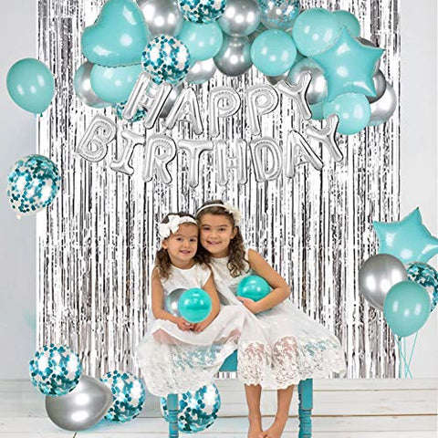 JOYYPOP Birthday Party Decorations Happy Birthday Balloons Banner with Turquoise and Silver Balloons Set, Silver Foil Fringe Curtain for Women Girl Birthday Party (Turquoise）