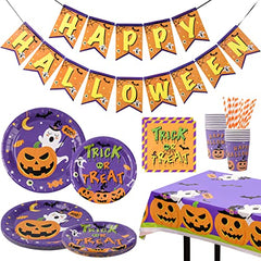 JOYYPOP Halloween Party Supplies Serve 16, 83pcs Halloween Plates and Napkins, Include Plates, Napkins, Cups, Straws, Tablecloth and Banner