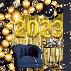 2023 Balloons Gold, New Years Eve Party Supplies 2023 with Black and Gold Balloons Garland , Foil Fringe Curtain for New Year Eve's party and Graduation Party