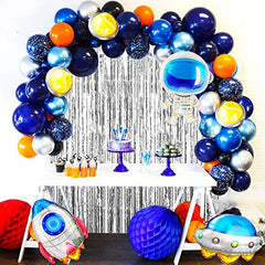 JOYYPOP Outer Space Balloon Garland Kit, 89pcs Outer Space Party Decorations with UFO Rocket Astronaut Balloons Silver Foil Curtain for Space Themed Birthday Party Supplies