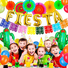Fiesta Party Decorations 60pcs Mexican Party Supplies with Foil Cactus Balloons Gold Fiesta Balloon Mexicano Picado Banner Multicolor Paper Fan for Cinco De Mayo Decorations Mexican Theme Party