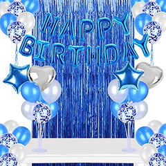 JOYYPOP Blue Birthday Party Decorations Set with 2pcs Blue Foil Fringe Curtain, Blue Happy Birthday Balloons Banner and Star Foil Balloons for Birthday Party Supplies