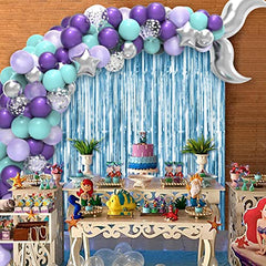 JOYYPOP Mermaid Balloon Garland Kit 121pcs with Mermaid Tail Foil Balloons, Light Blue Foil Fringe Curtain for Mermaid Ocean Theme Party Under The Sea Party Decorations(silver)