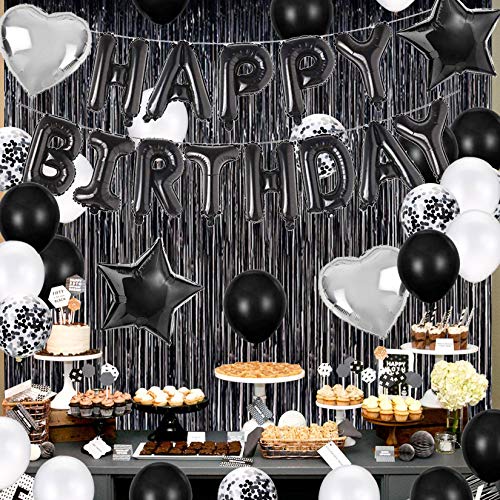 JOYYPOP Birthday Party Decorations Happy Birthday Balloons Banner with Black and White Balloons Set, Black Foil Fringe Curtain for Men Women Adults Birthday Party (Black）