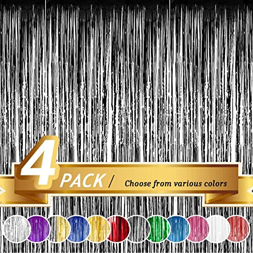 JOYYPOP New Years Eve Decorations Backdrop Black Foil Fringe Curtain, Metallic Photo Booth Backdrop Tinsel Door Curtains for Graduation Birthday Bridal Shower Party Decorations(4 Pack, 8ft x 3ft)