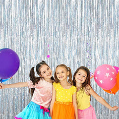 JOYYPOP Holographic Silver Laser Foil Fringe Curtain, Metallic Photo Booth Tinsel Backdrop Door Curtains for Wedding Birthday Baby Shower Bachelorette Party Decorations(4 Pack, 12ft)