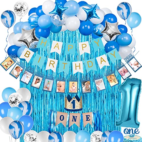JOYYPOP 1st Birthday Boy Decorations 66PCS Blue 1st Birthday Decorations for Boy with 12 Months Photo Banner, 1st Birthday Baby Crown, Cake Topper, 1st Birthday Highchair Banner