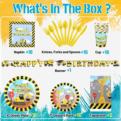 JOYYPOP Construction Birthday Party Supplies Serve 16, Includes Plates, Cups, Napkins, Tablecloth, Banner, Knives, Forks and Spoons for Kids Boys Birthday Party Decorations