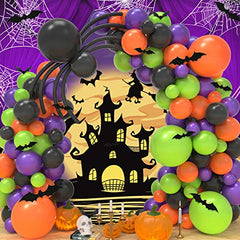 JOYYPOP Halloween Balloon Garland Arch Kit 154 Pack, 5 12 18 Inch Black Green Orange and Purple Balloons with Bat Stickers for Halloween Theme Decorations